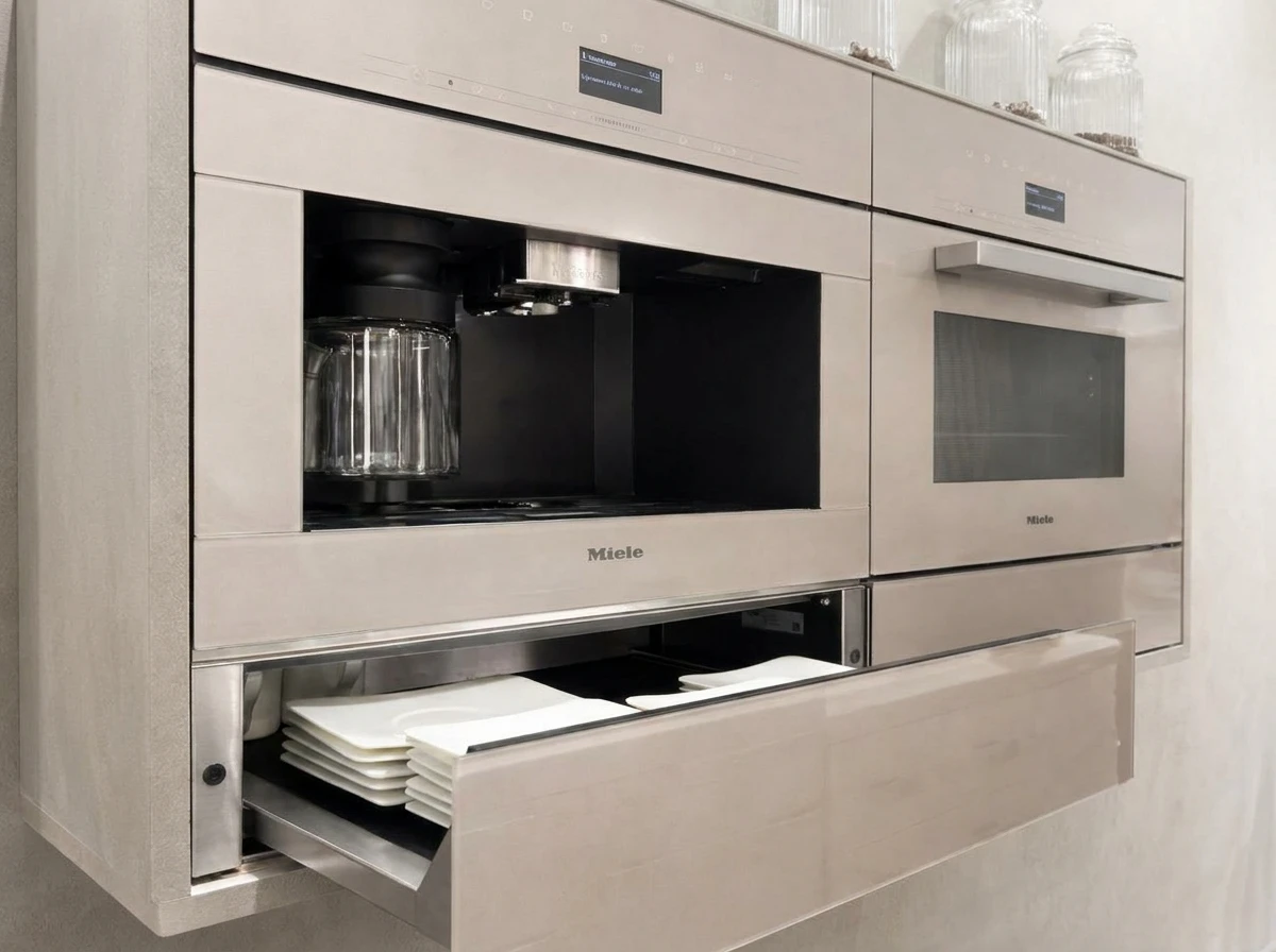 Cuisine moderne avec plan de travail en bois clair au premier plan, évier en inox avec robinetterie contemporaine, ustensiles de cuisson dont casserole et poêle, légumes verts frais, carrelage métro blanc en crédence