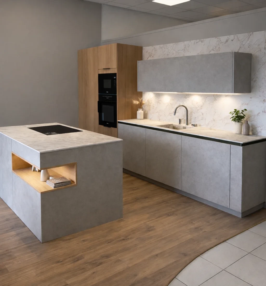 Cuisine moderne avec plan de travail en bois et plaque de cuisson à induction noire