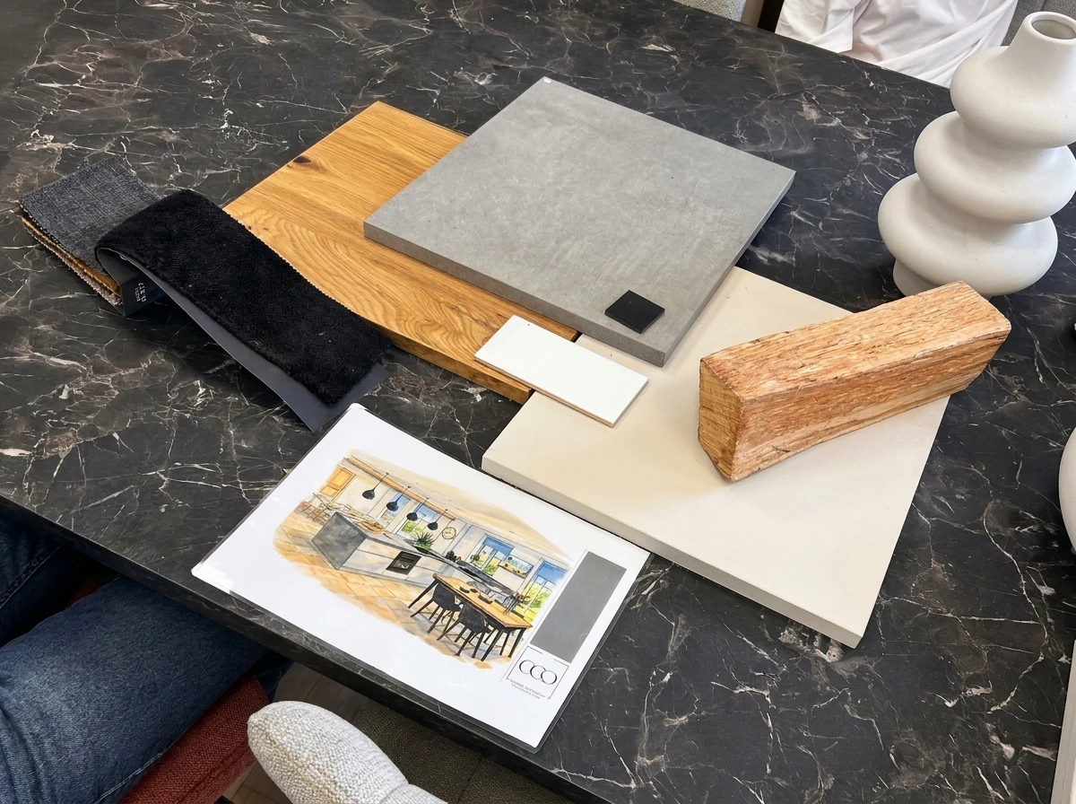 Showroom d'une cuisine extérieure avec meuble bas suspendu laqué taupe, plan de travail en inox, évier intégré et robinet monotrou