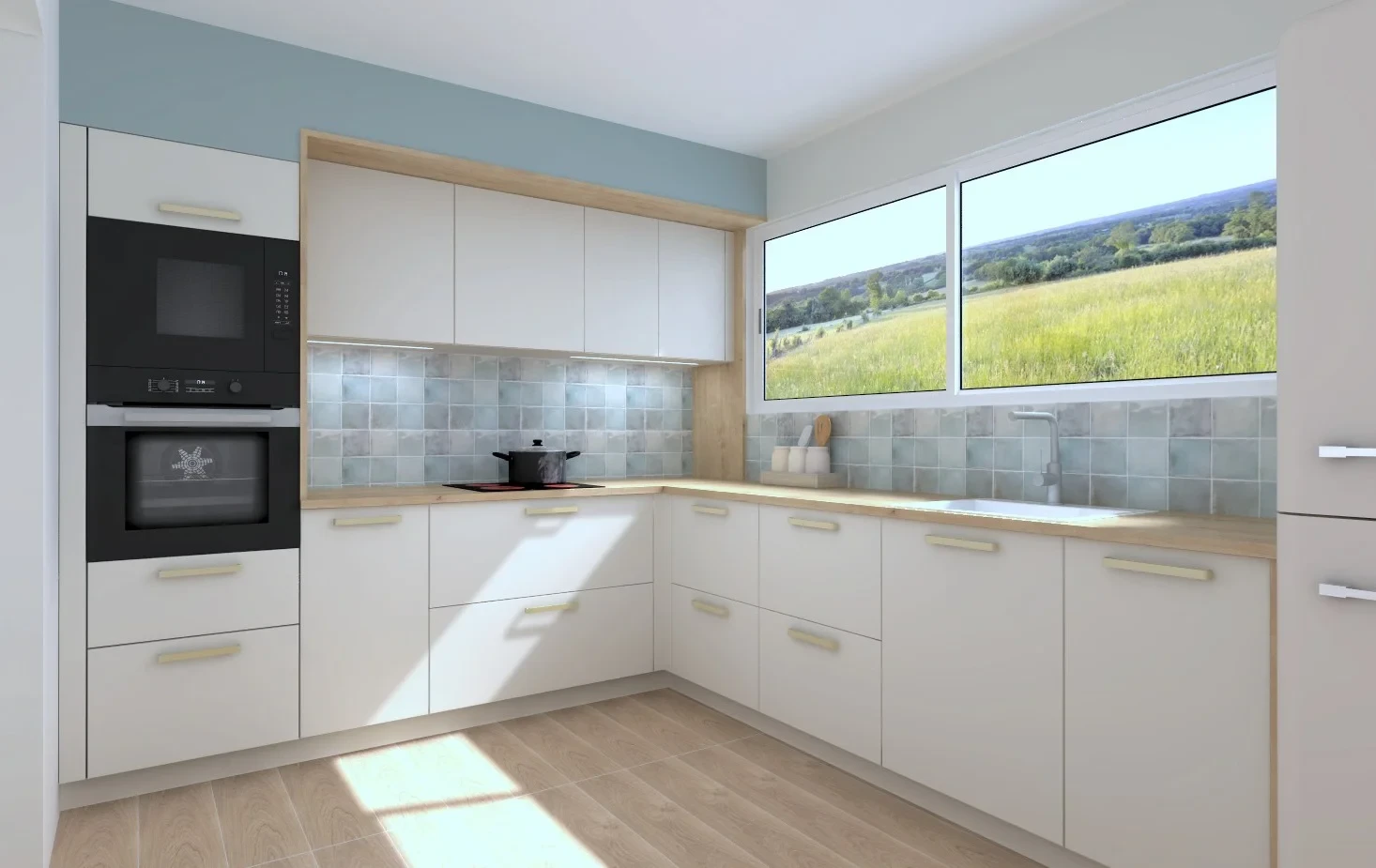Cuisine moderne vue de dessus, plan de travail en bois clair avec grains de café dispersés, flanqué d'un tiroir laqué noir mat à poignée aluminium brossé