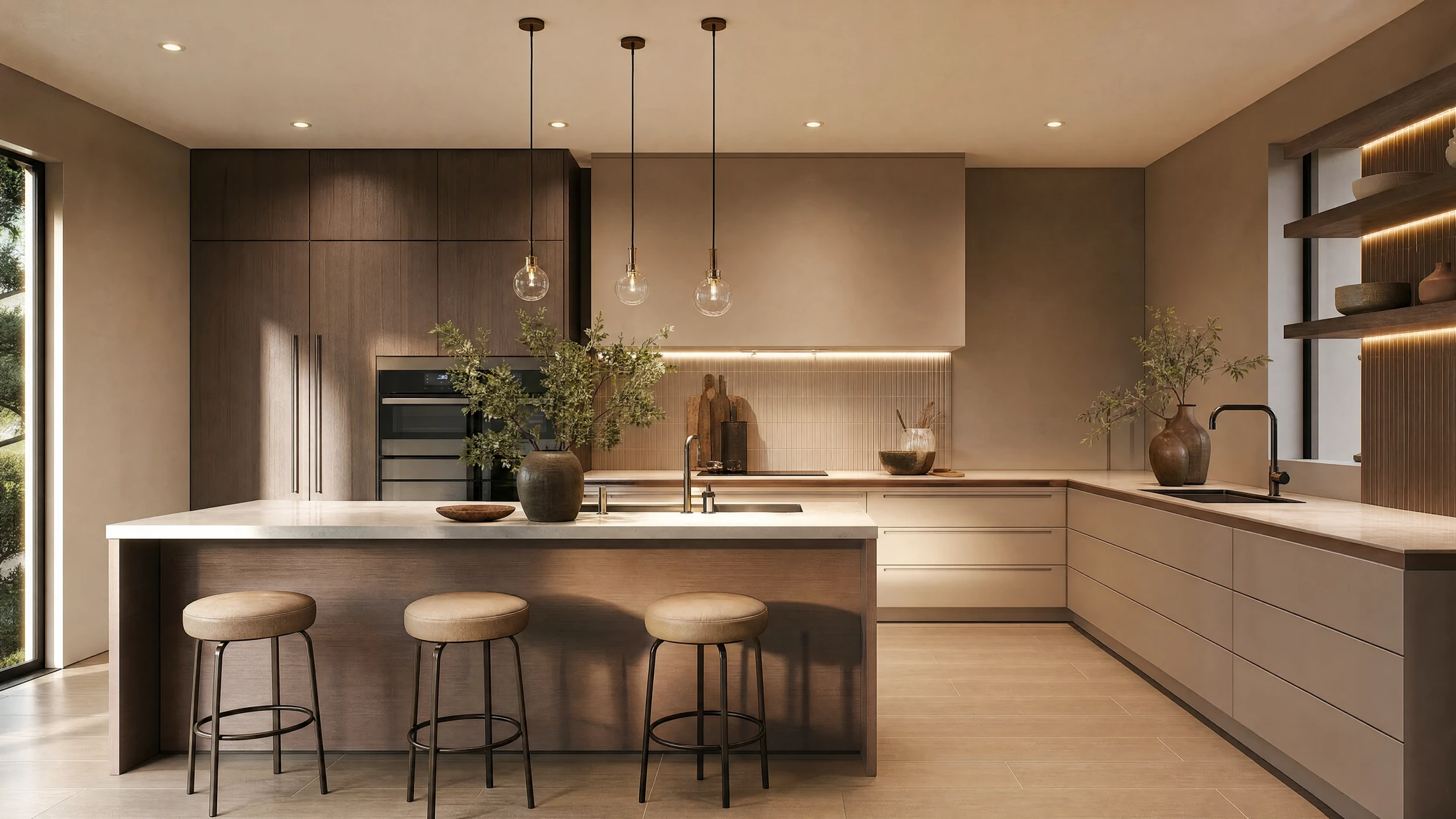 Cuisine moderne haut de gamme avec double îlot central, plan de travail en quartz blanc, évier intégré et robinetterie contemporaine