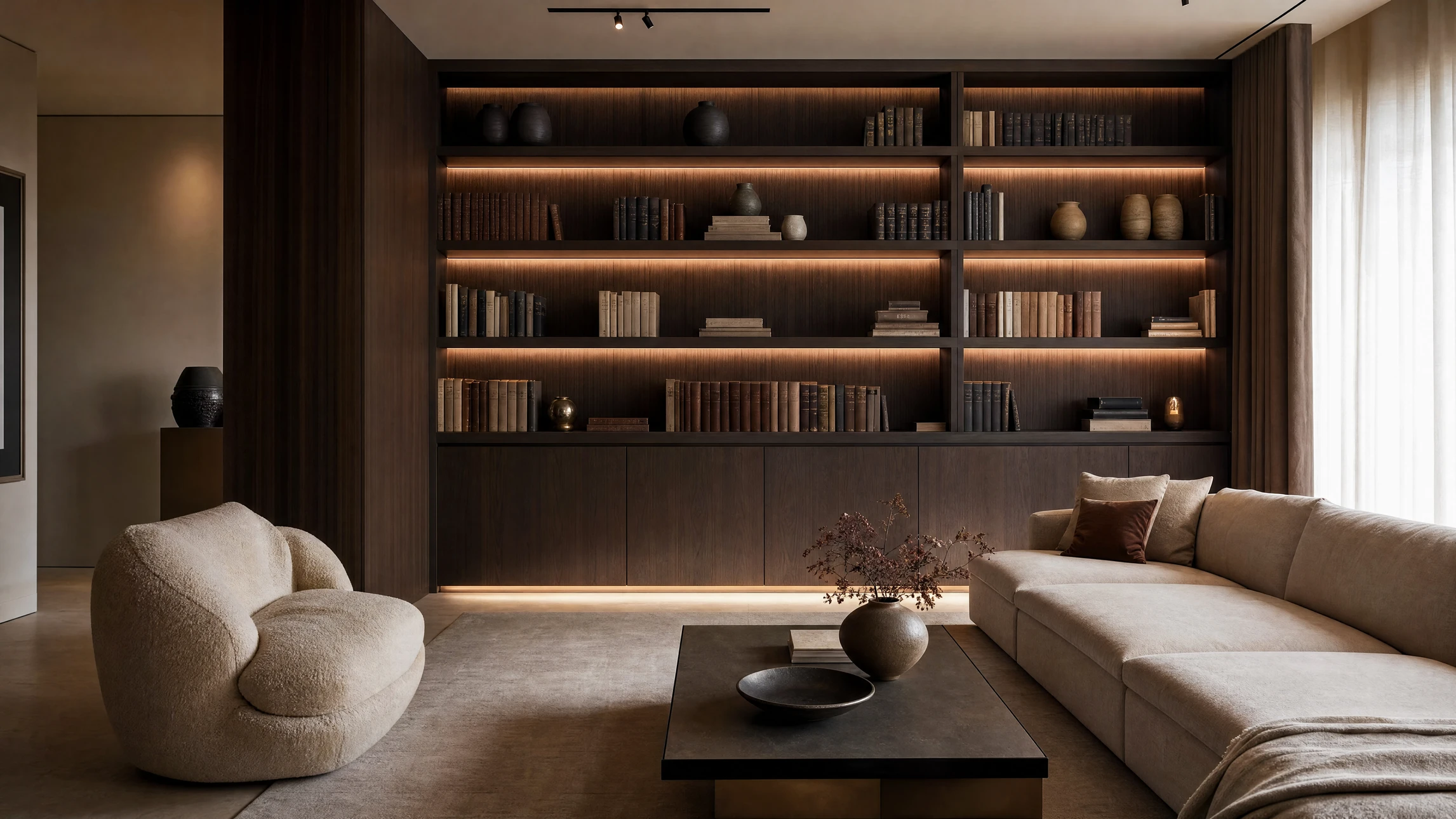 Photographie d'une bibliothèque murale sur mesure récemment installée dans un intérieur résidentiel haut de gamme, présentant des étagères intégrées au sol au plafond avec rangements fermés et ouverts combinés, en finition bois clair naturel ou laqué selon les goûts du client. La bibliothèque doit occuper un mur entier et montrer des livres, objets de décoration et éléments de styling soignés. L'espace doit être lumineux, moderne et épuré, représentant un projet de qualité professionnelle réalisé sur mesure.