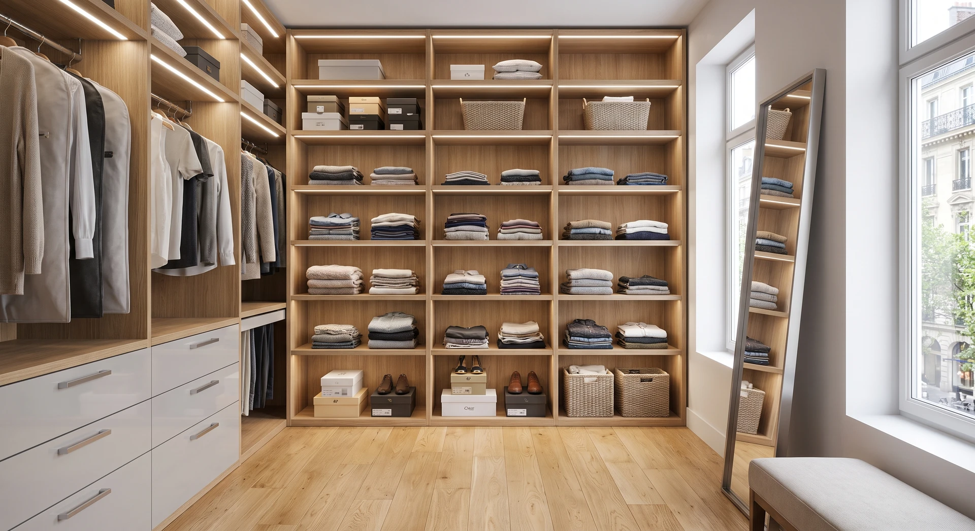 Photographie d'un dressing contemporain sur mesure vue frontale. Paroi arrière complète avec systèmes de rangement intégrés : penderies avec tringles chromées, étagères en bois naturel ou laqué gris clair recevant des pulls pliés et accessoires, casiers ouverts avec boîtes de rangement minimalistes, tiroirs laqués avec poignées en aluminium brossé. Base de meuble en bois clair ou laqué. Éclairage LED discret intégré dans les étagères. Sol en parquet ou carrelage gris clair. Ambiance claire, minimaliste, incarnant le sur-mesure et la fonctionnalité. Aucune personne visible, perspective permettant d'apprécier l'organisation et la qualité des finitions.